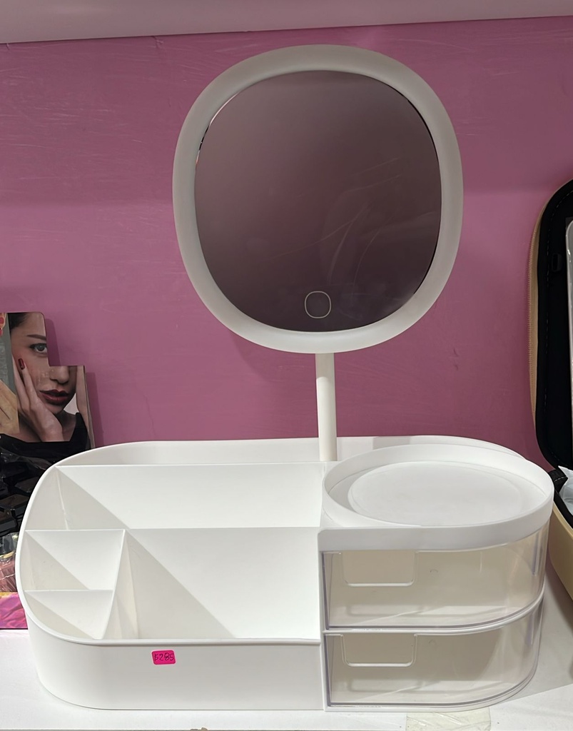 Organizador de plástico con 6 compartimentos, 2 cajones transparentes y espejo con luz led 