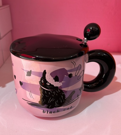 Taza temática de gatos con tapa y asa portátil 